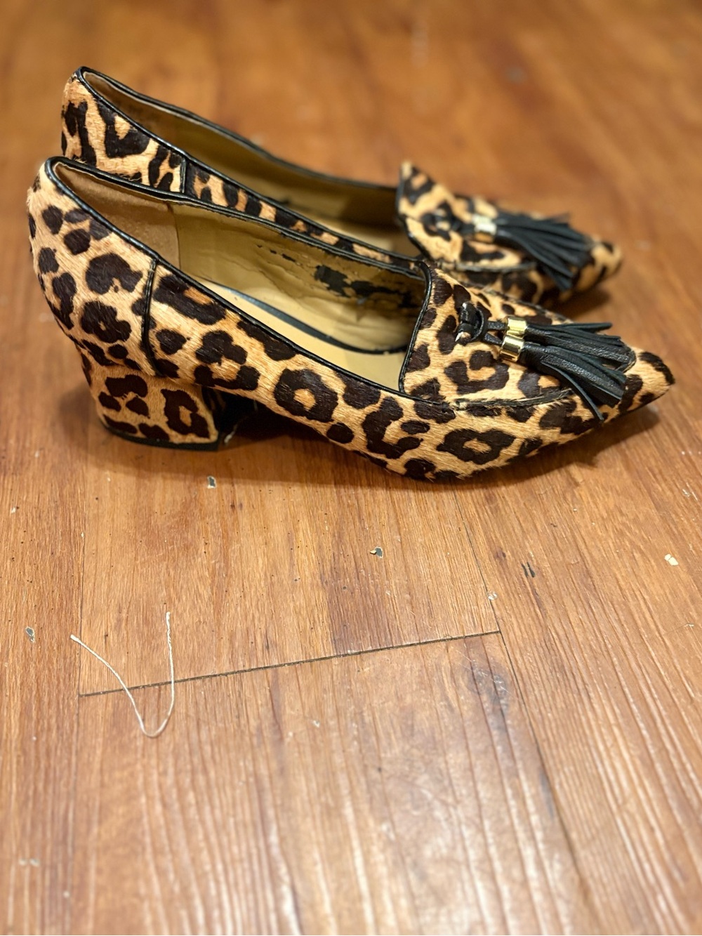 Franco Sarto Leopard Print Tassel Block Heel Loafers - Brown & Black